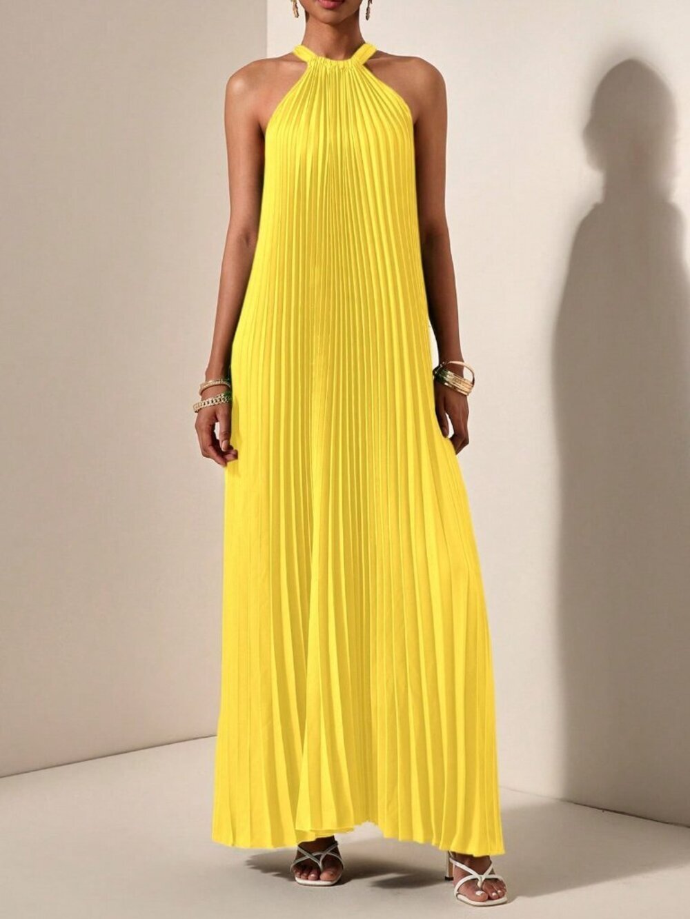 Yellow Casual Women's Halterneck Pleated A-Hem Loose Maxi dress - Picture 5 of 7